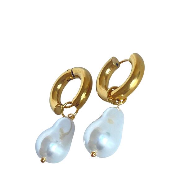 Pearl Drop Huggie Earrings – Statement Large Pearl - Picture 3 of 6